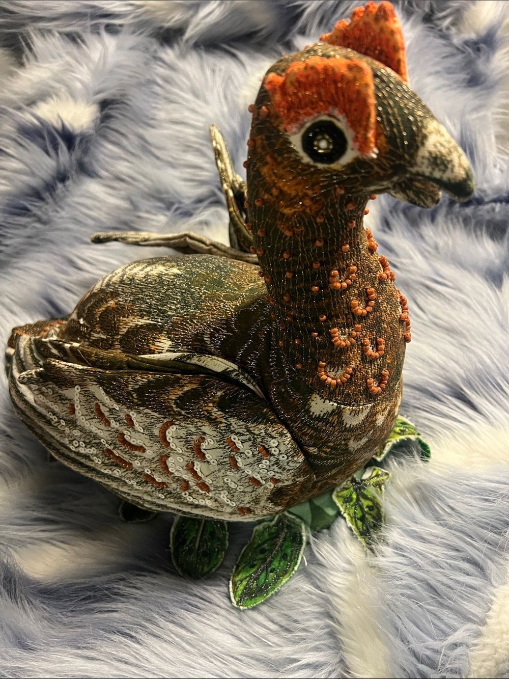Embellished Fabric Grouse Bird Figurine in Brown & Orange